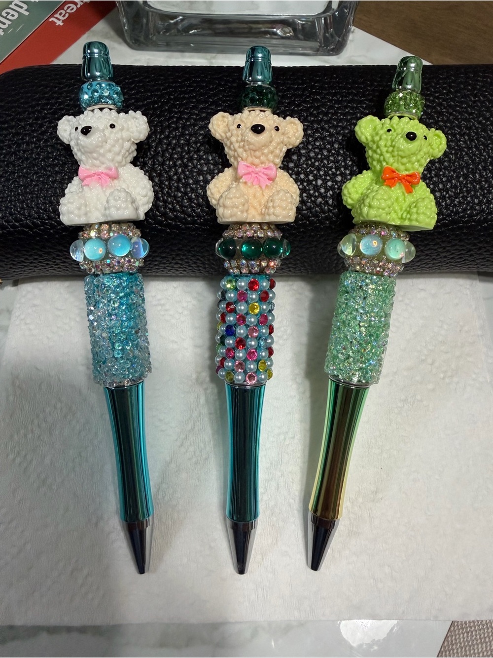 Sparkle Bear Beaded Ballpoint Pen - White, Cream & Green Options